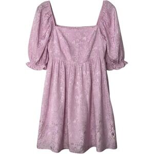 Barbie Pink Heart Jacquard Puff Sleeve Mini Dress Square Neck Smocked Back